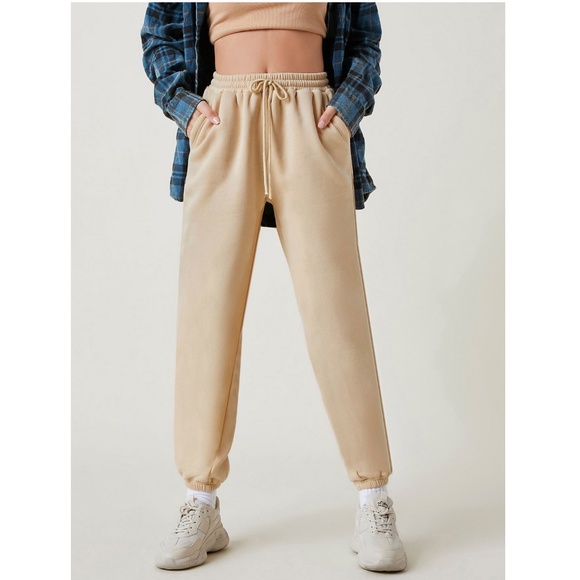 Rouge! Pants - Beige Fleece Joggers Drawstring and Pockets